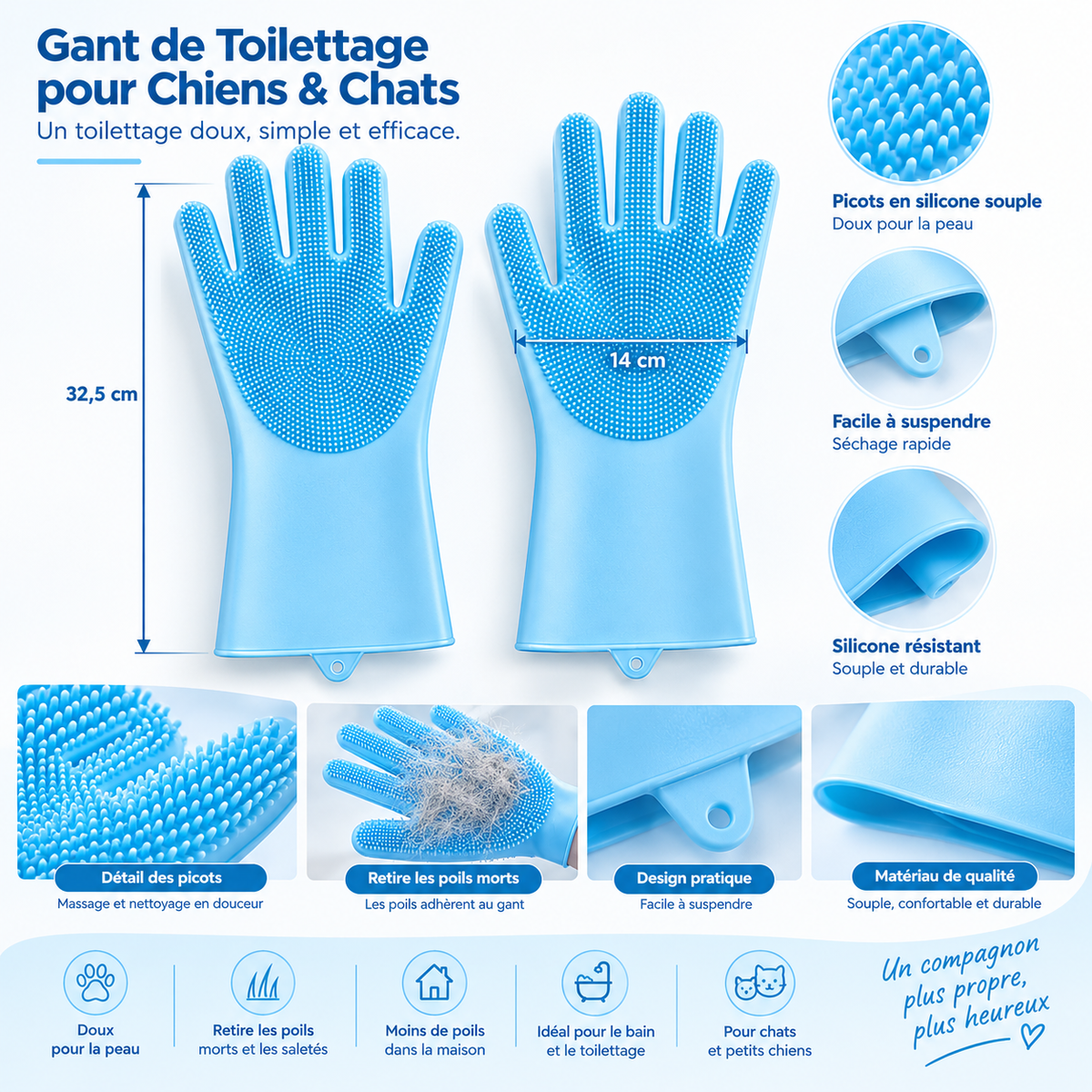 Gant de Toilettage Massant Anti-Poils pour Chiens et Chats