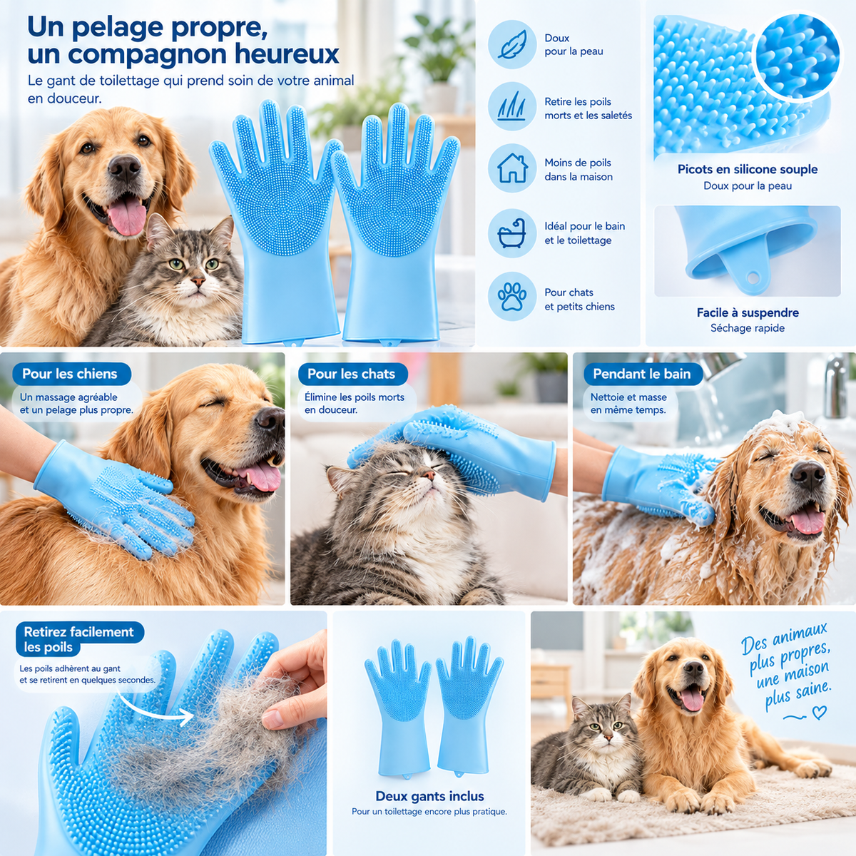 Gant de Toilettage Massant Anti-Poils pour Chiens et Chats