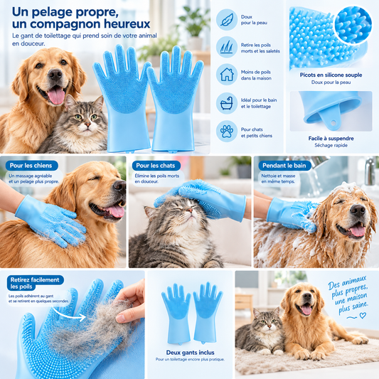Gant de Toilettage Massant Anti-Poils pour Chiens et Chats