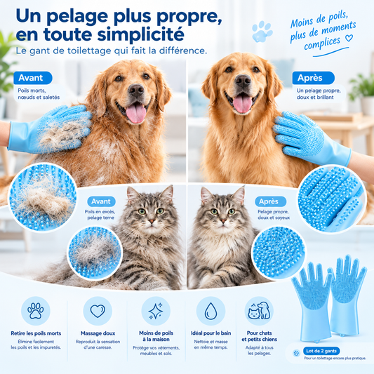 Gant de Toilettage Massant Anti-Poils pour Chiens et Chats